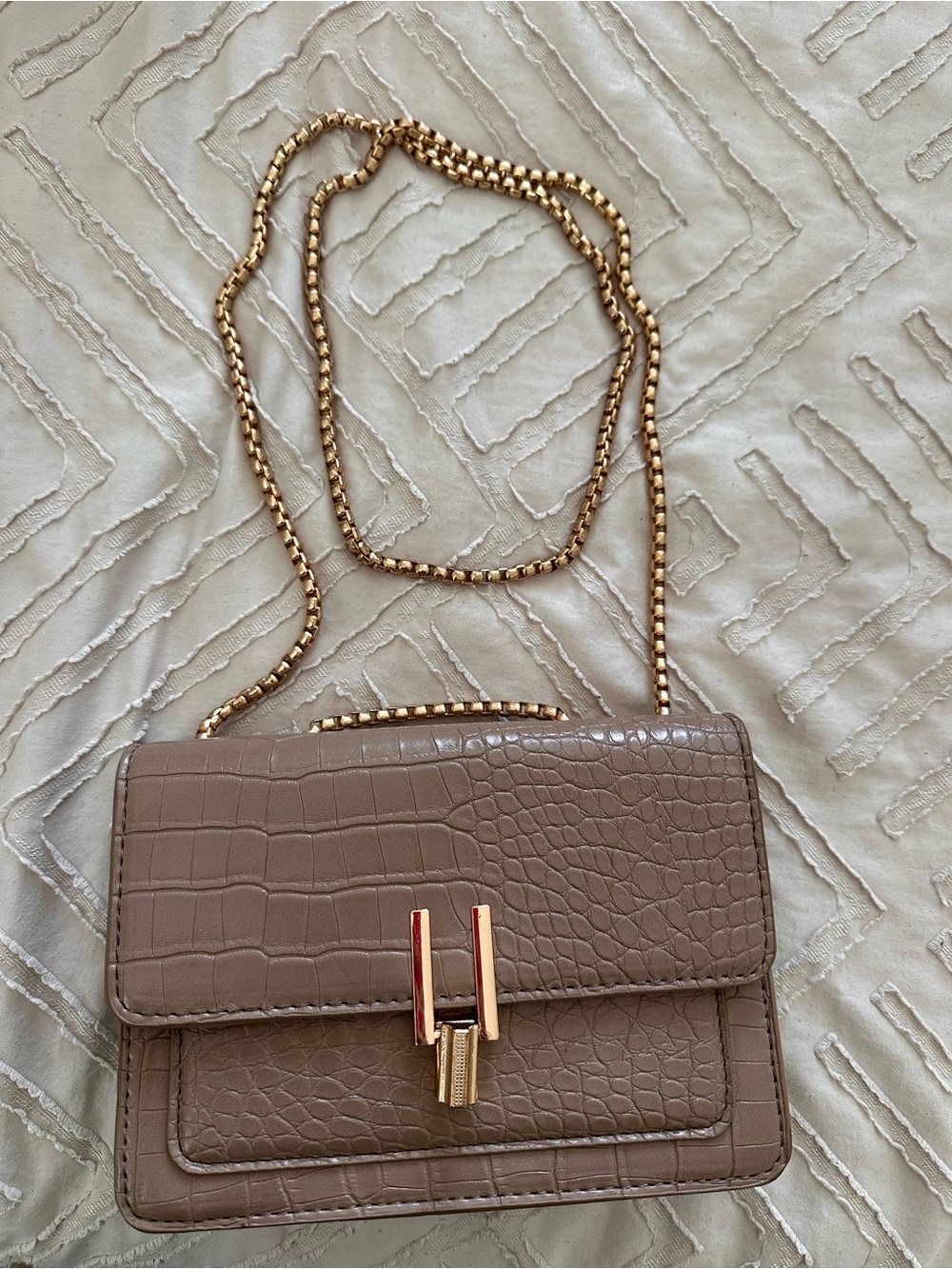 Classic Croc-Embossed Chain Crossbody Bag in Taupe